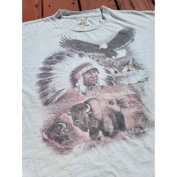 Vintage 90s Aztec Indian Chief Buffalo Bison Bald Eagle T-Shirt Size XL Cowboy - Picture 2 of 10